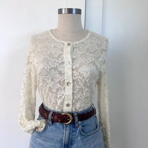 Vintage California Style Lace Blouse Cream Sheer Button Front Top L 90s 80s